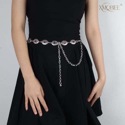 Western Turquoise Concho Chain Belts for Cowgirl, Metal Hollow Boho Floral Design Womens Belt for Dresses Jeans Pants4