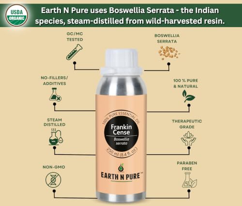 Image of Earth N Pure Frankincense Essential Oil for Skin & Aromatherapy - 100% Pure Premium Frankincense Oil for Face Care, Anti Aging & Relaxation - Natural Essential Oil - 250ml