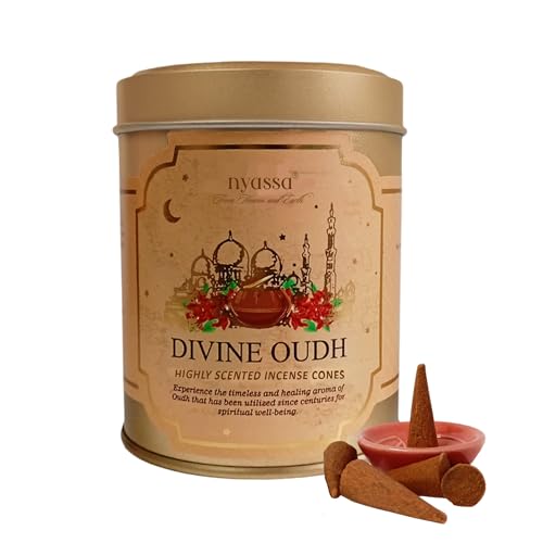 Image of Nyassa Divine Oudh Highly Scented Incense Cone | Oudh Fragrance | Pure Long-Lasting Dhoop Cones for Pooja, Meditation, Home Fragrance | 40 Dhoop Cones in Tin Box (100g)