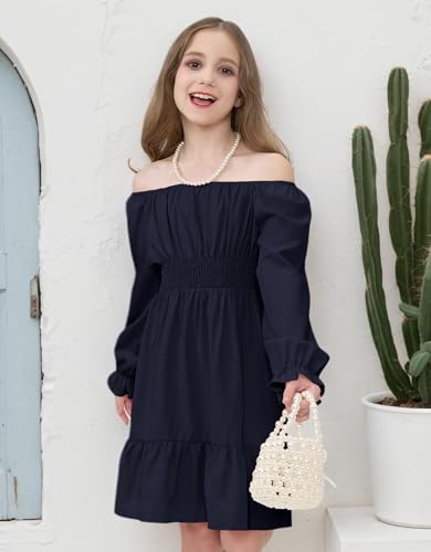 JiAmy Girls Dresses Kids Fall Long Sleeve Smocked Ruffle Tiered Off Shoulder Dress4