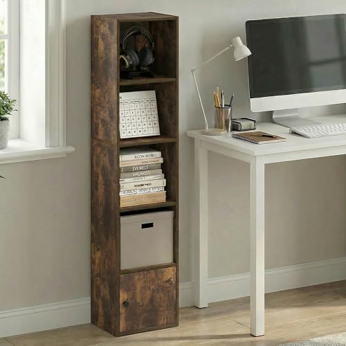 Image of Furinno LUDER Book Shelf, 5-Tier Bookshelf with Open Shelf, Standing Bookcase with 1 Door Cabinet, 9.3 x 12 x 52, for Organization and Storage, for Living Room, Bedroom, Home Office, Amber Pine