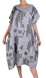  Italy Donna Damen Leinen Lagenlook Sommer Maxi Kleid Tunika Hakel Spitze 46 48 50 52 54 L XL XXL 3XL Grau Blumen Print Strand Urlaub (50)