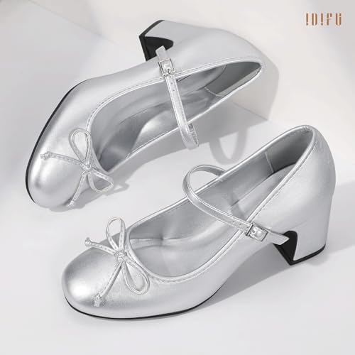 Image of IDIFU IN2 Mary Janes for Women Closed Toe Block Heels Cute Bow Dress Shoes