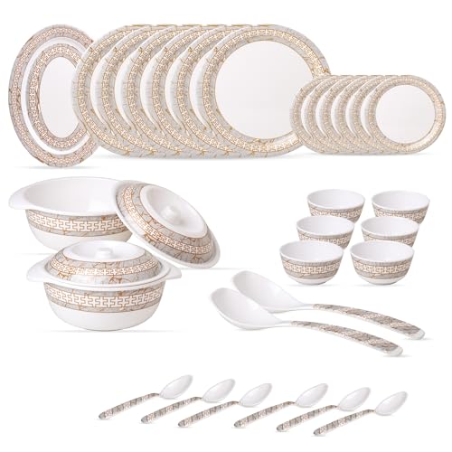 Image of Golden Fish 31 Pcs Complete Dinner Set for 6 with Rice Plate | 6 Full Plates, 6 Quarter Plates, 6 Veg Bowls, 2 Donga with Lid, 2 Serving Spoons & 6 Eating Spoons | Full Meal Serving Combo