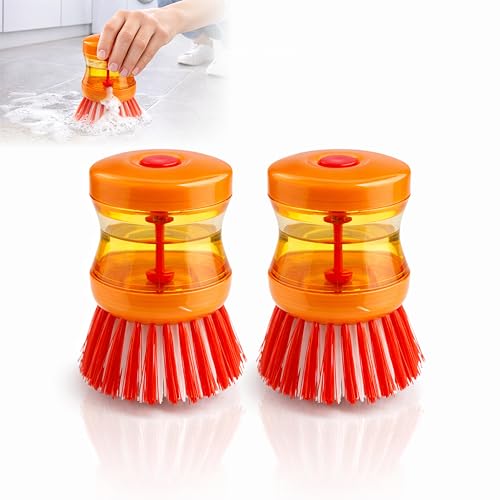Image of MIKANIX Soap Dispensing Cleaning Brush, Dish Scrubber with Liquid Dispenser for Kitchen Sink, Cookware, Stove, Bathroom & Tiles, Multipurpose Scrub Brush (Pack of 2)