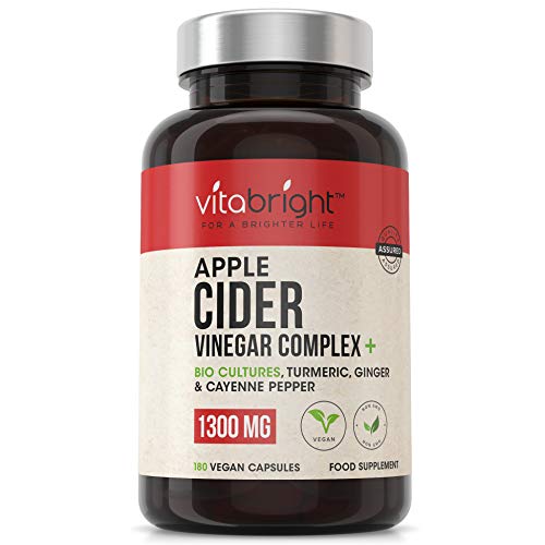 Apple Cider Vinegar - 1300mg - 180 Vegan High Strength Capsules - with Synbiotics, Prebiotics, Turmeric, Ginger & Cayenne Pepper - for Men & Women - Made in The UK by VitaBright