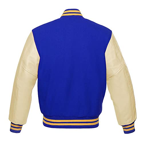 Varsity Jacket Baseball Letterman Bomber Wool & Light Cream Genuine leather Sleeves With Yellow Gold Stripe2
