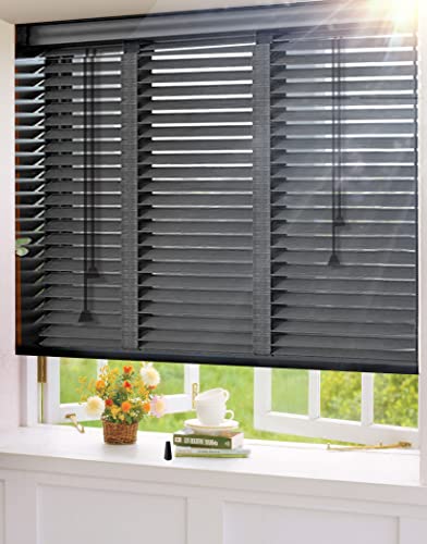 Wooden Window Privacy Shades - Black Venetian Blinds for Windows and Doors, Blackout Plantation Blinds With Adjustable Slats for Interior, Noise Reduction, 34.25'' W x 60'