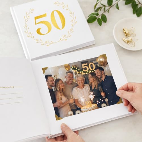Image of Calculs 50th Birthday or Anniversary Guest Book, Gold Photo Album | 8.5-inch square hardcover keepsake book, 32 blank sheets for messages and instant photos, pen included