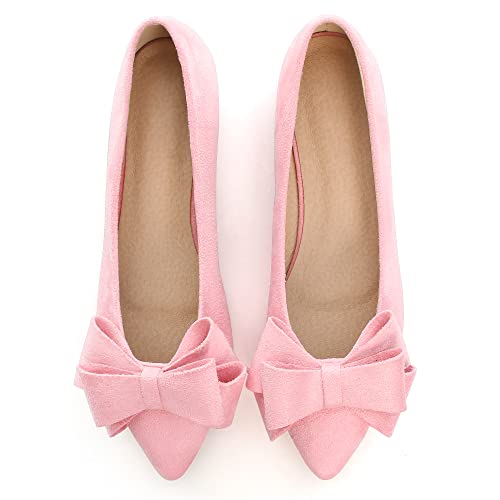 SAILING LU Bow-Knot Ballet Flats Womens Pointy Toe Flat Shoes Suede Dress Shoes Wear to Work Slip On Moccasins Dark Pink Size 7.52