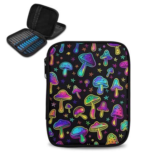 Image of Crochet Hook Case Colorful Mushroom Crochet Hook Holder Portable Crochet Hook Storage Bag with Web Pockets Suitable for Crochet Needles /Knitting Accessories