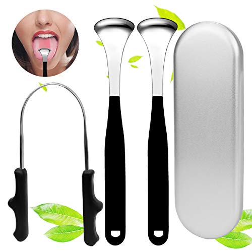 Oral Stainless Steel Tongue Scraper Cleaner for Adults with Carrying Case，Tongue Brush Get Rid of Bad Breath for Oral Care (3 Pack)