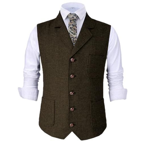 Men’S Herringbone Lapel Vest Single Breasted V-Neck Formal Waistcoat For Wedding Groom Business Casual Work