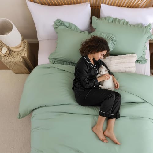 Image of JANZAA Sage Green Comforter Set Queen - Soft Microfiber, Lightweight All Season Bedding, Ruffle Shabby Chic Aesthetic, Breathable Cozy Bed Set with 2 Pillow Shams, Machine Washable