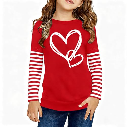 Image of LAZYCHILD Kids Valentine Shirt Girls Valentines Day Shirts Heart Graphic Long Sleeve Striped Tee Tops 5-14 Years