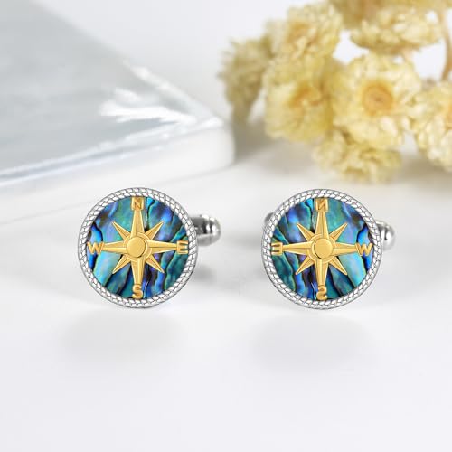 Compass Cufflinks for Men 925 Sterling Silver Abalone Shell Cuff Links Mother's Day Jewelry Graduation for Men Father4