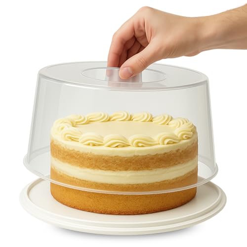 CHEFZOCO Portatartas de plástico, Recipiente redondo para tartas con tapa alta, Bandeja para Pasteles, Tartera plástico, Recipiente transporte repostería, 32 cm diámetro x 15 cm altura, Blanco