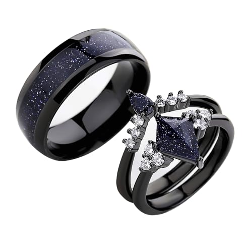 Personalized Matching Rings for Couples, Engagement Rings Set, Engavable Promise Ring for Her, Custom Wedding Rings, 3 Pc Unique Matching Rings.