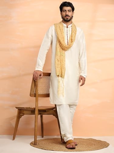 Image of SKAVIJ Men's Dupion Silk Embroidered Kurta Pajama Scarf Set Ethnic Motifs 3-Piece Festive Dress