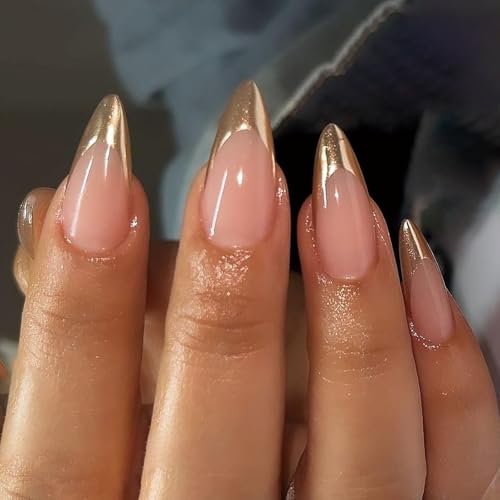 SINHOT Stiletto Press on Nails - Long Fake Nails, Glossy Finish, Gold Chrome & French Tip, DIY Artificial Nail Art - 24 Pcs Nail Kit with Glue