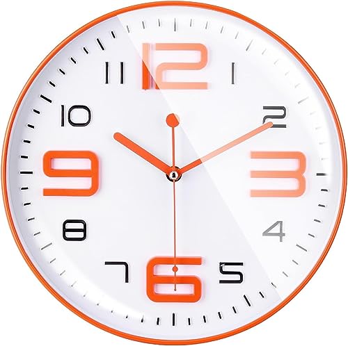Image of TEKCOOL Wall Clock 12" Silent Quartz Decorative Latest Wall Clock Non-Ticking Classic Clock Battery Operated Round Easy To Read For Room/Home/Kitchen/Bedroom/Office/School-Analog, Plastic Orange white
