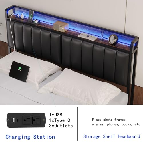 Image of King Size Upholstered Headboard with LED Lights & Charging Station, PU Upholstery, King Headboard Only, Height Adjustable, Attach Frame, Sturdy and Stable, Easy Assembly