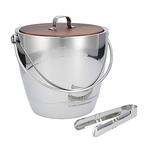 Crafthouse by Fortessa Classic Collection Stainless Steel Round Ice Bucket with Wooden lid and Tongs 2 Piece Set