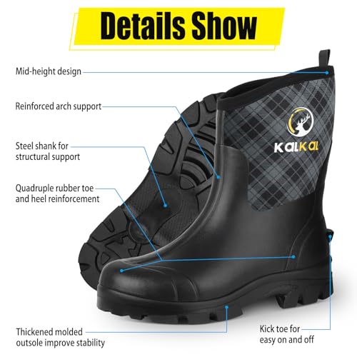 Kalkal Rubber Boots for Men, 6mm Neoprene Insulated Rain Boots with Steel Shank, Waterproof Mid Calf Rubber Work Boots For Mud Gardening Farming Fishing Hunting Working, Size 7-143