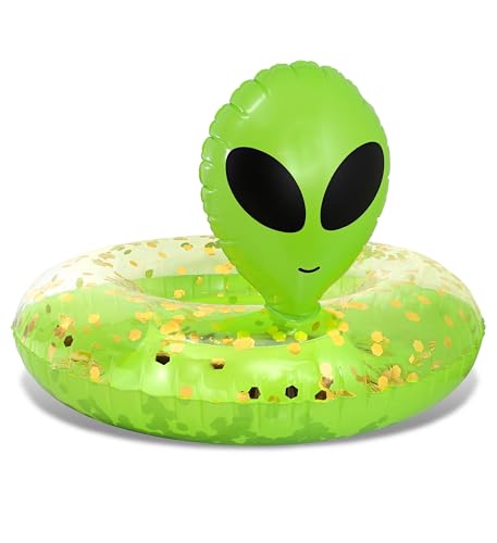 POZA Inflatable Alien Pool Float Tube - Heavy Duty Vinyl UV Resistant Confetti Pool Alien Floatie Cool Pool Float Swim Ring Pool Inflatables for Kids Adults for Beach Party Vacation - Green Gold