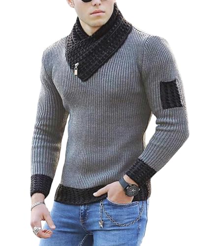 SOMTHRON Men's Knitted Turtleneck Pullover Shawl Collar Sweaters Slim Fit High Neck Long Sleeve Winter Jumper Tops
