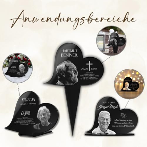 CHRISCK design Edles Gedenkstandbild Gedenktafel mit Gravur Fotogravur | Grabstein Herz-Form liegend in 2 Größen Grabschmuck graviert für Menschen Grabplatte | im Kerzenschein schön Leuchtend