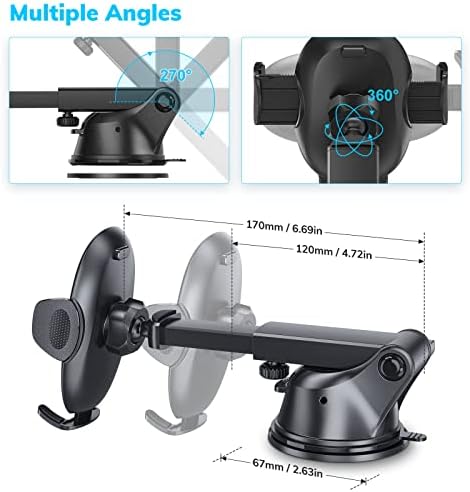 Amazon Brand - Eono Phone Holder for Cars, Dashboard and Windscreen, 360° Rotation Cars Cradle with One Button Release, Washable Strong Suction Cup Compatible with iPhone 14 13 12 11 Samsung Huawei