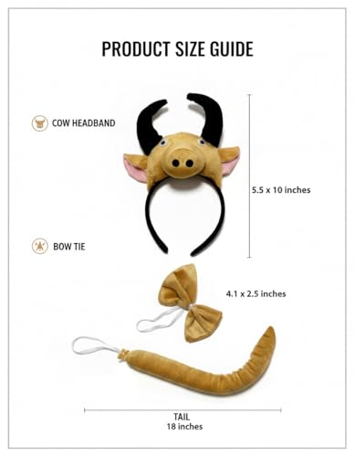 Image of Cattle Headband with Bow and Tail Costume Set, Halloween Animal Ears Costume Dress Up Suit, Cosplay Party Supplies for Adult