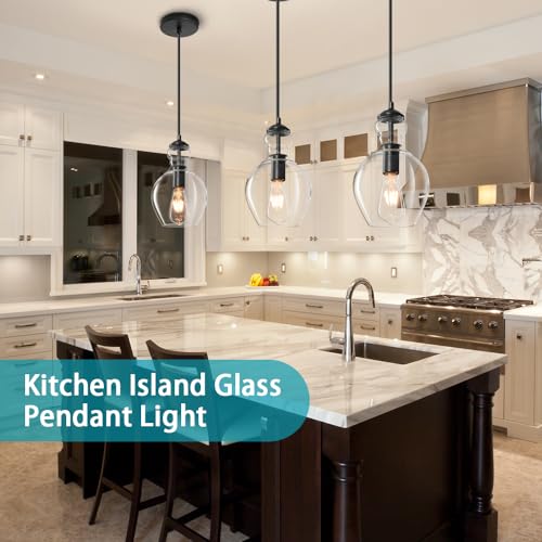 Image of Black Clear Glass Pendant Lighting for Kitchen Island Entryway 7 Inch