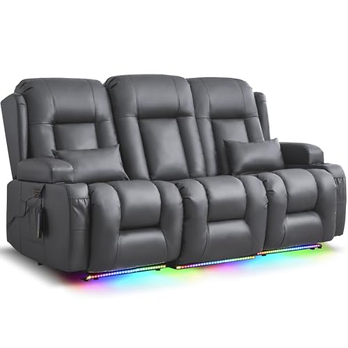 Image of URRED Power Loveseat Recliner Sofa with Massage and Heat, Wall Hugger Reclining Loveseat with Console, RV Couch Home Theater Seating with LED Lights for Living Room (Ash Gray, 76.8 inch - 3 Seats)