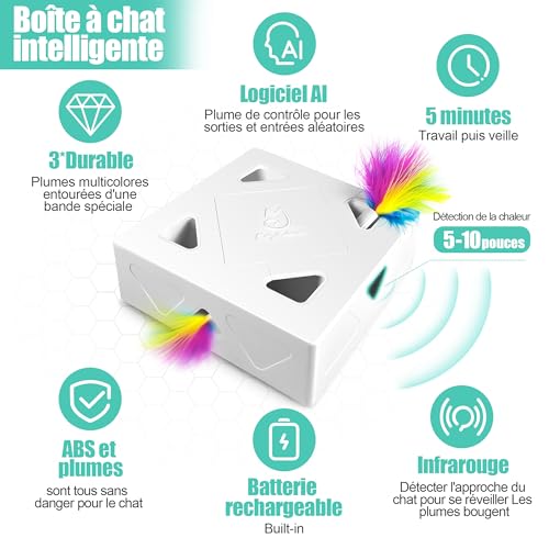 Migipaws Jouets pour Chat, Jouet interactif Automatique à 7 Trous pour Souris, Jouet d'éveil Ultra Amusant pour Les Chats d'intérieur, Rechargeable par USB, 4 pièces de Plumes – Image 3