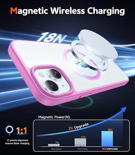 Image of FNTCASE for iPhone 15 Plus Case: Clear Magnetic Phone Cases with Screen Protector Compatible with Magsafe Slim Anti Yellowing Rugged Shockproof Protective Transparent Cell Phone Cover (B-Pink)