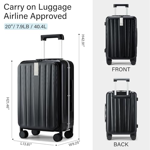 Image of Hanke Carry On Luggage Hardside Suitcase with Wheels & Front Opening, 20in 24in 26in Large Luggage Aluminum Frame PC Rolling Suitcases Travel Bag TSA Lock, Black(with laptop compartment), 20 Inch, 20 Inch Carry on Luggage Hard Shell Suitcases With Wheels
