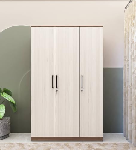 Image of Mintwud Pepperfry Engineered Wood Wardrobe with 3 Doors Storage and 1 Hanging Rod | Wooden Almirah Cupboard for Clothes Storage Organizer for Living Room Home Bedroom Furniture (White Finish)