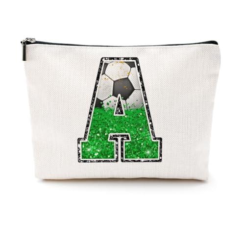 Soccer Gifts Initial Makeup Bag Monogrammed Cosmetic Bag Letter A Zipper Pouch Soccer Accessories for Girls Women Soccer Player Coach Friend Soccer Stuff Graduation Birthday Gifts