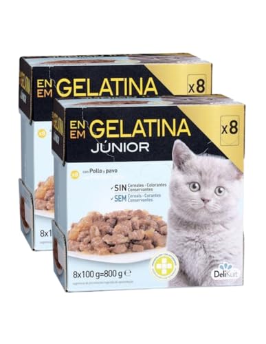 Bocaditos en Gelatina para Gatitos Junior con Pollo y Pavo, 2 Cajas, 16 Sobres, 8x100g DeliKuit
