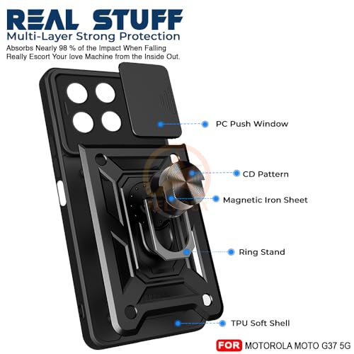 Image of Armor Bumper Back Cover Case for Motorola Moto G37 5G Rotating Camera Cover, Ring Holder & Kickstand | Heavy Duty & 360 Degree Protection Back Cover for Motorola Moto G37 5G (Black)