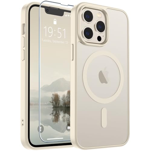 Image of SUPFINE Magnetic for iPhone 13 Pro Max Case with Screen Protector (Compatible with MagSafe) (Military Grade Drop Protection) Translucent Matte with Anti-Fingerprint Phone Case,Antique White