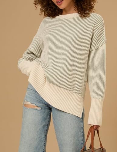Image of Zeagoo Women 2026 Fall Lightweight Oversized Sweater Crew Neck Long Sleeve Color Block Pullover Rib Knit Blouse Tops XS-2XL
