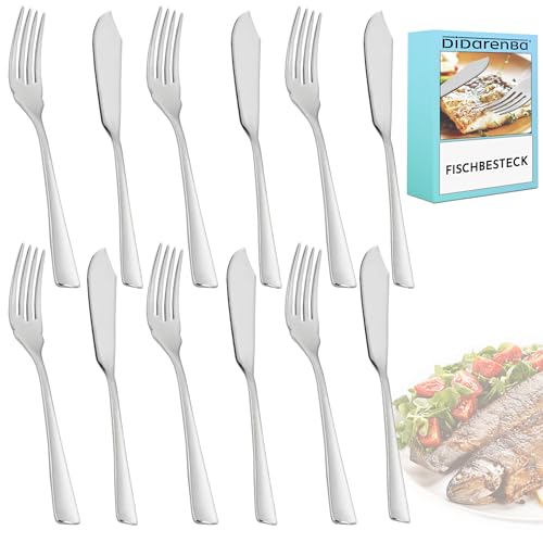 Fischbesteck 12 Stück aus poliertem Edelstahl mit 6 Stück fischmesser und 6 Stück Fischgabeln