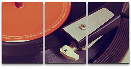 wall26 - 3 Piece Canvas Wall Art - Close Up Image of Old Record Player, Image is Retro Filtered Selective Focus - Modern Home Art Stretched and Framed Ready to Hang - 24"x36"x3 Panels