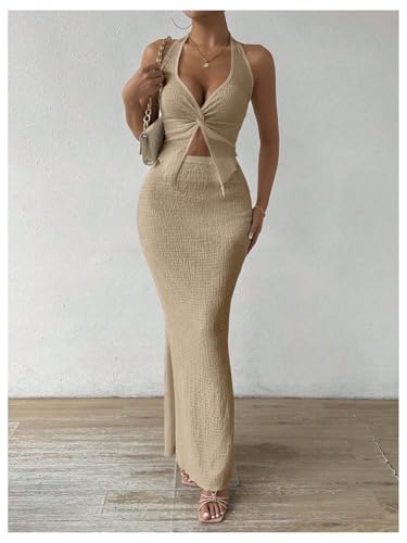 Image of SOLY HUX Women's Two Piece Outfits Twist Front Halter Cami Tops and Skirt Summer Set