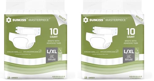 Image of SUNKISS Masterpiece Adult Diapers with Tabs, Unisex Disposable Incontinence Briefs for Women and Men, Odor Control, White, Large /XLarge, Previously Large, 10 Count (Pack of 2)