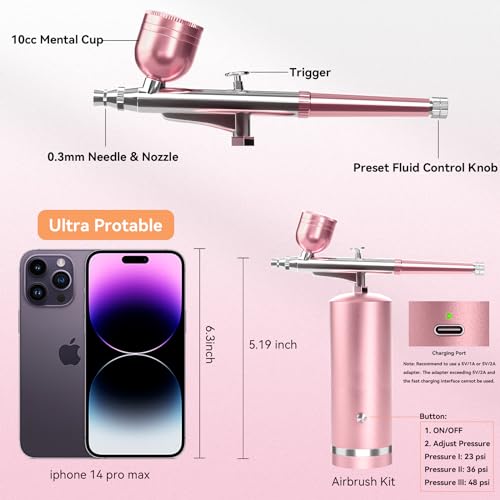 Image of Airbrush Kit With Compressor - 48PSI Rechargeable Cordless Non-Clogging High-Pressure Air Brush Set with 0.3mm Nozzle and Cleaning Brush Set for Nail Art, Makeup, Painting, Cake Decor