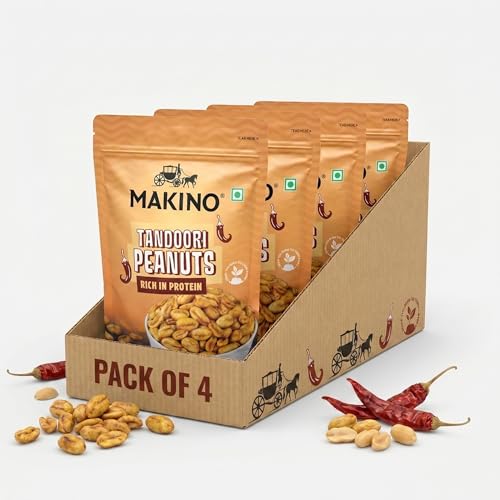 Image of Makino Tandoori Masala Roasted Peanuts | 140gm Pack of 4 | Desi Spicy & Tangy Roasted Peanut Snack | High in Protein | Loved by Indian People for Regular Eat | Crispy Crunchy Namkeen